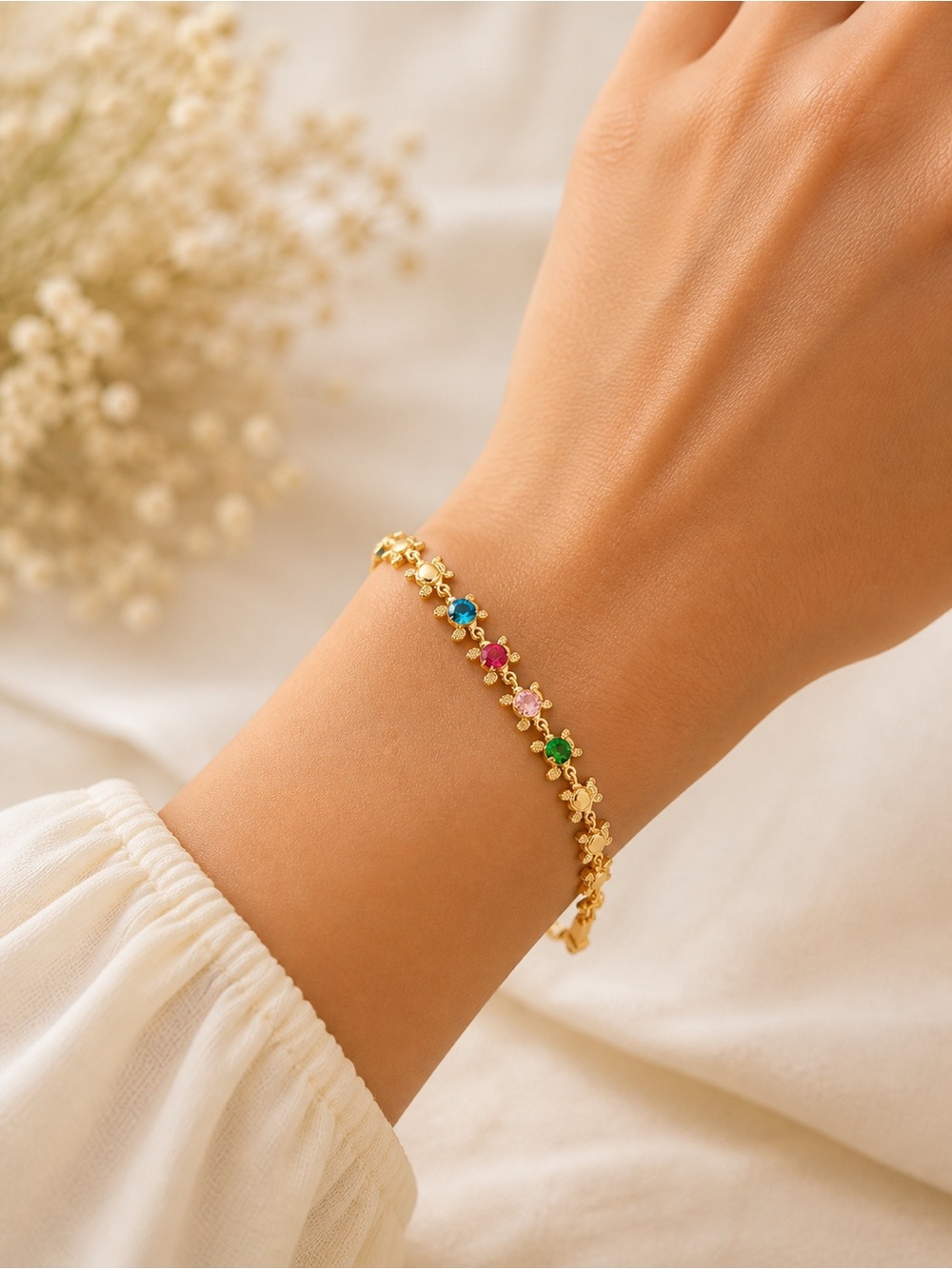 Gold Multicolor Gemstone Flower Bracelet - Women Jewelry